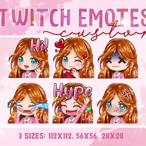 Twitch emotes, redhead girl, green eyes, blue eyes, whatsapp emoticons, manga emotes, anime twitch emotes, discord emotes, whatsapp emotes