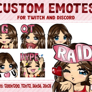 Emotikony Twitch, dziewczyna o brązowych włosach, niebieskie oczy, dziewczyna o brązowych włosach, emotikony WhatsApp, emotikony mangi, emotikony anime, emotikony Discord, niestandardowe emotikony