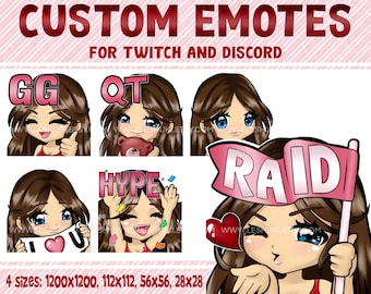 Twitch emotes, brown hair girl, blue eyes, brunette girl, whatsapp emoticons, manga emotes, anime emotes, discord emotes, custom emotes