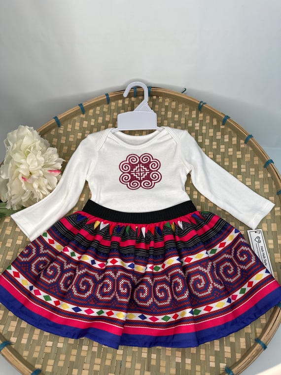 Baby onesie set 6m, 2p Hmong inspired onesie and skirt, Hmong baby clothes, cutest Hmong baby picture