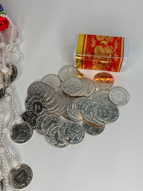Chinese Nyiaj Npib 50p, money 2 quarter size with hole in red Chinese box, 1 box