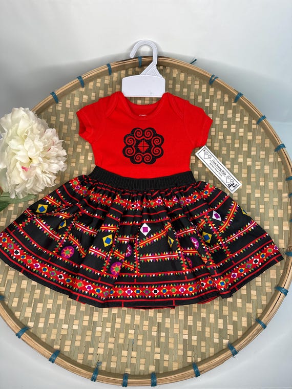Baby onesie set 3m, 2p Hmong inspired onesie and skirt, Hmong baby clothes, cutest Hmong baby picture