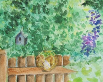 Watercolor Print, 8"x10",  Summer Morning, Garden, Nature, Landscape,  Gate, Flowers, Painting, Print