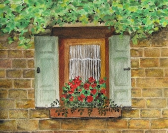 Tuscany, 3-Pack, Italy, Window Flowers Watercolor Blank Cards,