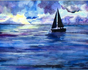 Watercolor Print Painting Coastal 8x10" Evening Sail, Sailboat, Nautical,