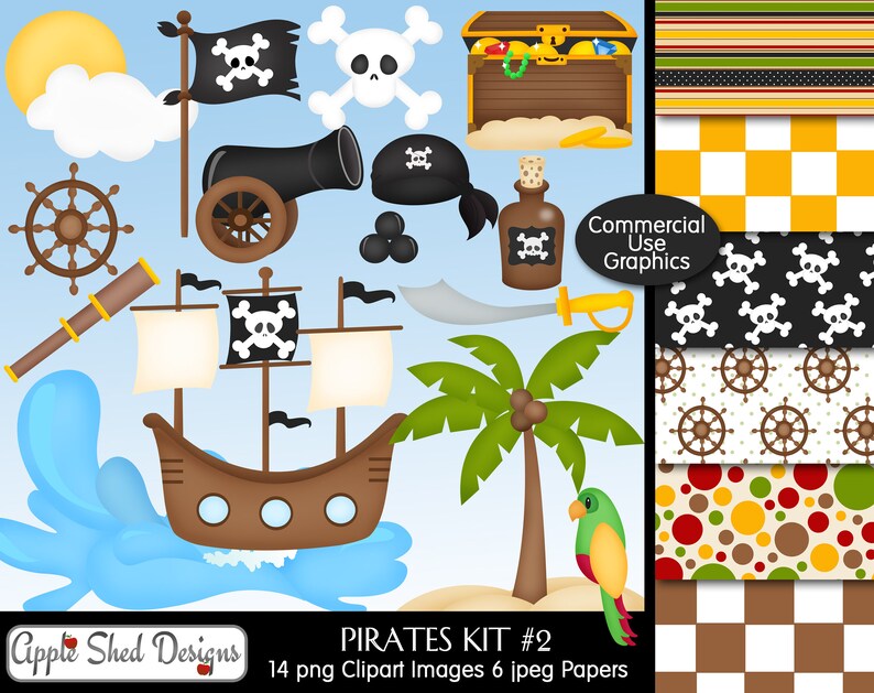 island canon ball parrot treasure 14 Clipart and 6 Digital Papers ship Digital Clipart /& Papers boat Kit #2 waves PIRATES pirate