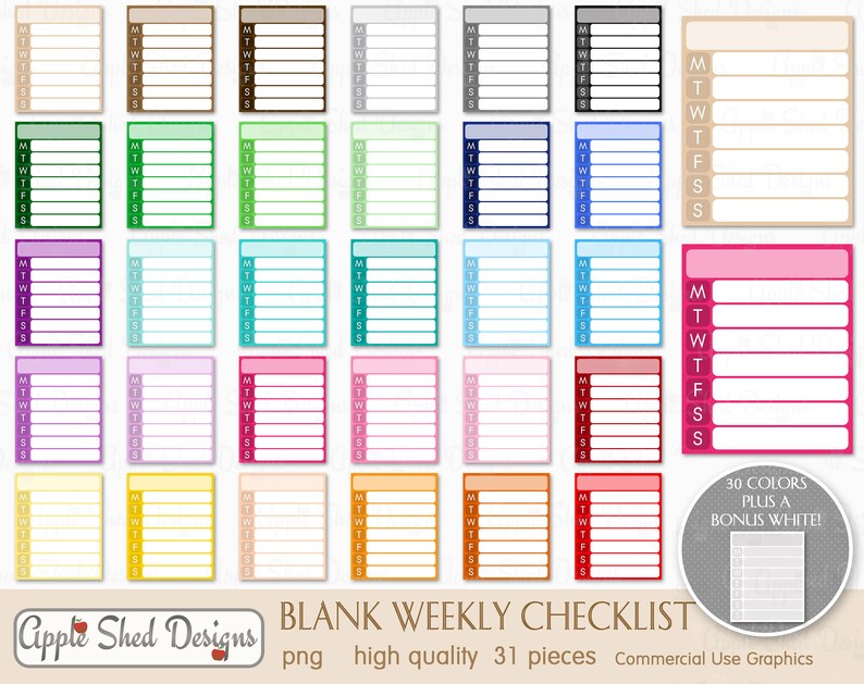 31 qty sticker clipart multi-color clipart WEEKLY BLANK CHECKLIST Clipart printable weekly list planner clipart rainbow color clip art