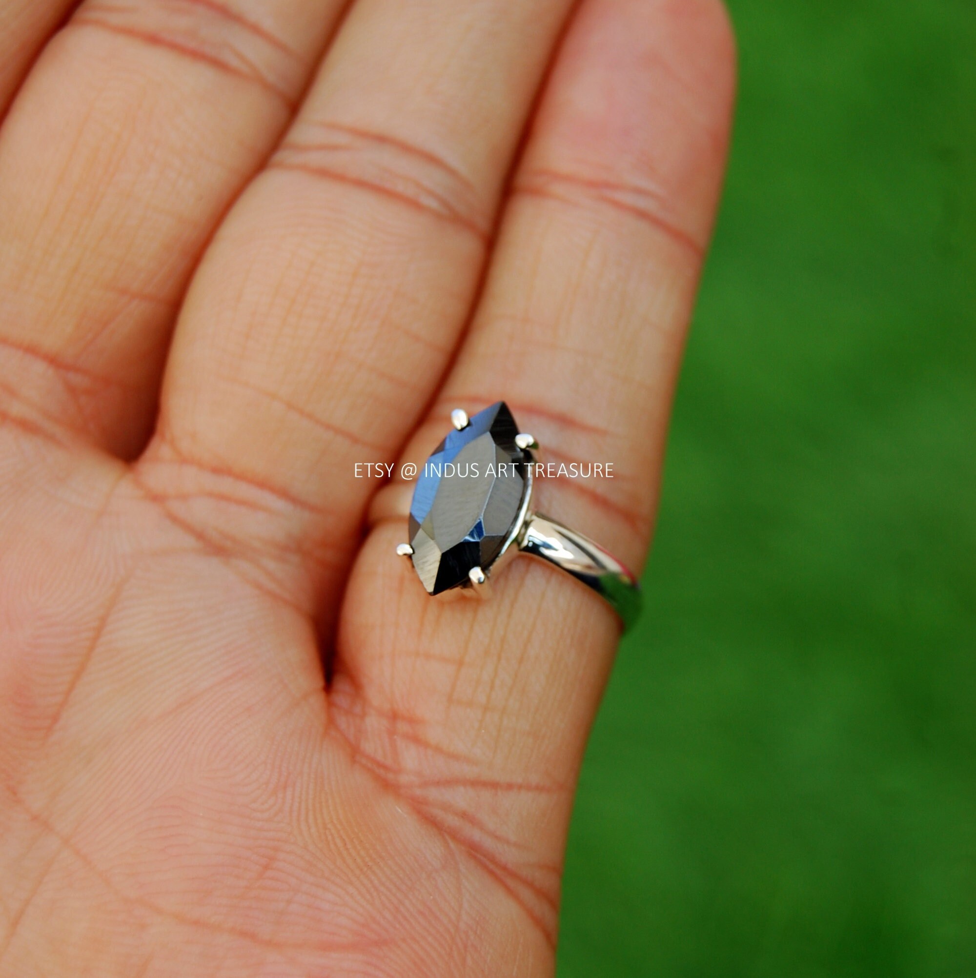 Natural Hematite Marquise Prong Ring, 925 Sterling Silver Ring, Prong