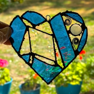 Stained Glass Heart Suncatcher, Blue 5&quot; Window Hanging, Abstract Ornament, Home Decor, Handmade Holiday Gift
