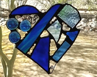 Stained Glass Heart Suncatcher, Blue 5" Abstract Ornament, Embellishments, Home Decor, Window Decor, Wall Art, Patio Decor, Yard Art, Gift