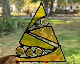Yellow Stained Glass Suncatcher, Triangle Pyramid, Window Ornament