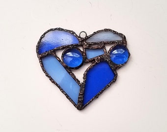 Stained Glass Heart Suncatcher Ornament, Blue Abstract, Nugget Embellishments, Home & Window Decor, Wall Art, Patio Decor, Yard Art, Gift