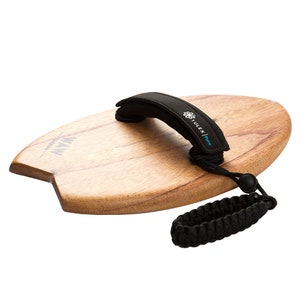 May include: A wooden surfboard with a black padded handle and a black rope leash. The surfboard has the text "WAW" and "Julex Pure" printed on it.