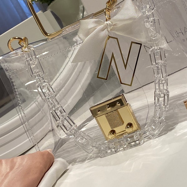 Elegant Clear Handbag For Women - Features Clear Chain Shoulder Strap & Gold Detailed Hardware | Stadium and Concert Friendly Bag For Her