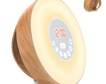 Wake Up Light Wood Sunrise Sunlight Alarm Clock with 6 Natural Sounds & FM Radio, Snooze Function and 7 Colors Bedside Lamp