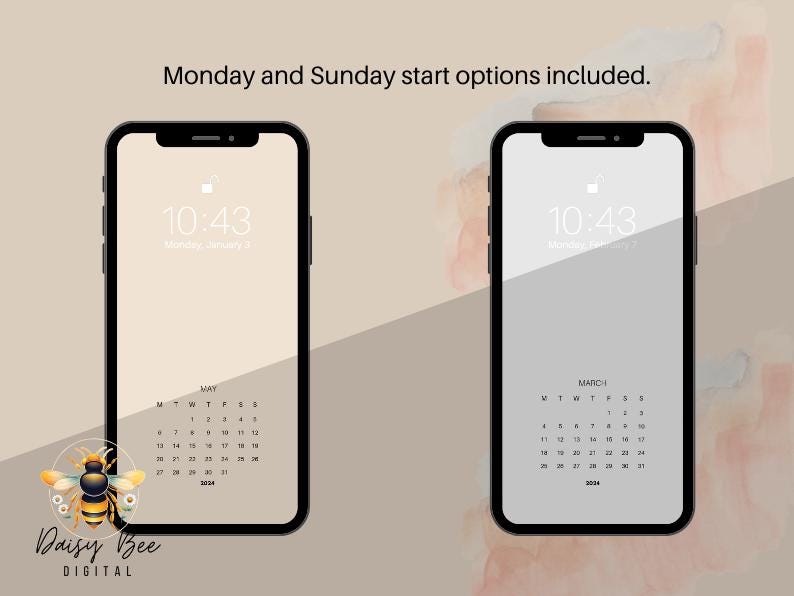 2024 Smartphone Calendar Wallpaper Neutral Calm iPhone Android Lock Screen Home Screen