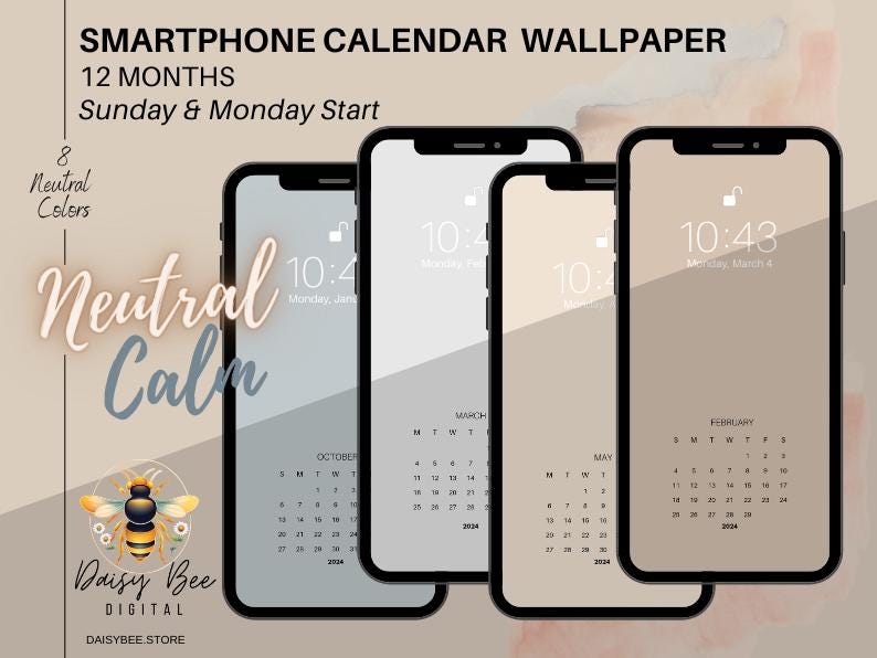2024 Smartphone Calendar Wallpaper Neutral Calm iPhone Android Lock Screen Home Screen