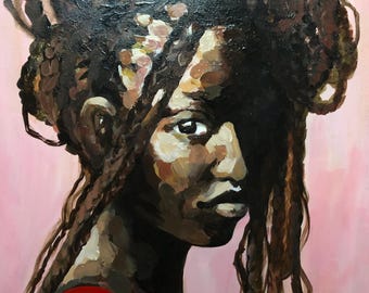 May include: A painting of a person with dark brown hair styled in braids. The person is wearing a red shirt and has a serious expression on their face. The background is a light pink color.