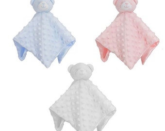 May include: Three plush baby blankets with a teddy bear head attached. The blankets are blue, pink, and white.