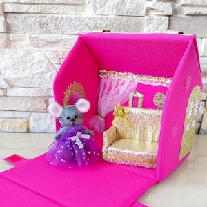 Fabric doll house, Travel dollhouse, Portable dollhouse, Bag little girl, Girl toys fabric, Fabric dollhouse purse, Toy soft mouse