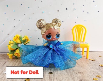 Minipoppenjurk, blauwe kanten outfit, pop van 3-4 inch