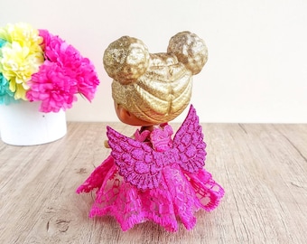 Roze minipoppenjurk met vleugels, 3 inch poppenoutfit