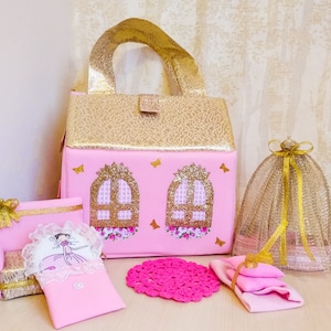 Stoff Puppenhaus, tragbare Puppenhaus, Puppenhaus Zimmer, Kinder Handtasche, Kinder rosa Handtasche, Reise Puppenhaus, Handtasche für Puppen