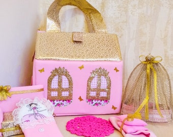 Casa de muñecas de tela, casa de muñecas portátil, sala de la casa de muñecas, bolso de mano para niños, bolso rosa para niños, casa de muñecas de viaje, bolso para muñecas