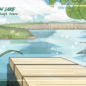 May include: An illustrated scene of Guelph Lake in Ontario, Canada. The image features a wooden dock extending over the water, with cattails and other plants in the foreground. The text "Guelph Lake, Guelph, Ontario" is at the top.
