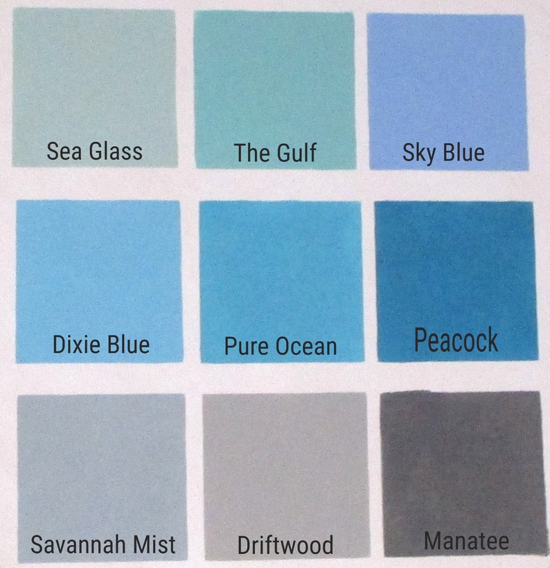 Nine paint swatches with names below each swatch. The swatches are in three rows of three. The top row is light green, light blue, and sky blue. The middle row is light blue, blue, and teal. The bottom row is light gray, gray, and dark gray. The names are 'Sea Glass', 'The Gulf', 'Sky Blue', 'Dixie Blue', 'Pure Ocean', 'Peacock', 'Savannah Mist', 'Driftwood', and 'Manatee'.