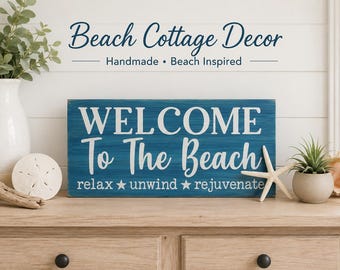 Panneau « Bienvenue à la plage » - Décoration de maison de plage - Panneau mural de chalet de plage - Panneau d'entrée style nautique - Cadeau pour les amoureux de la plage - Panneau en bois fait main