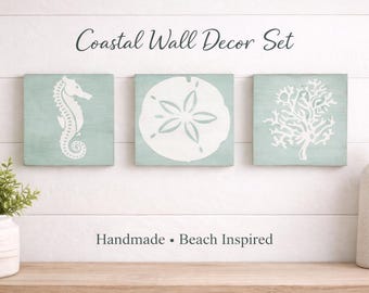 Neutral Coastal Wall Art Set – Minimal Beach House Decor – Sea Life Trio – Modern Coastal Style