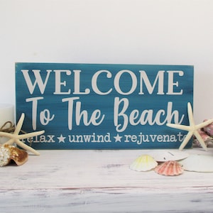 Welcome to the Beach Wood Sign – Hand-Painted 6&quot; x 12&quot; Coastal Wall Art – Relax, Unwind & Rejuvenate – Nautical Home Décor