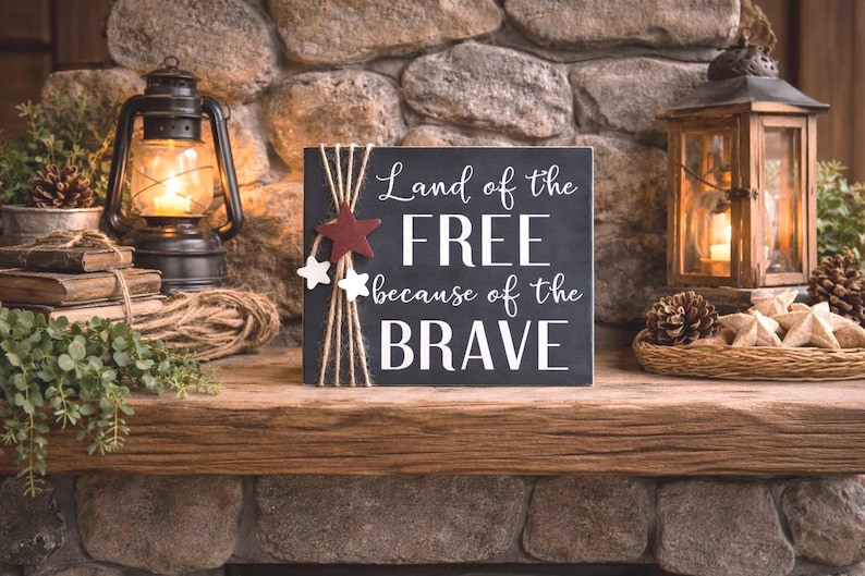 7 1/4" wood sign in navy blue styled on a rustic mantel with lanterns and greenery