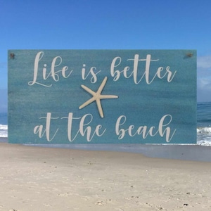 Life is Better at the Beach Sign – Coastal Wall Art – Hand-Painted Wood with Real Starfish – Nautical Home Decor