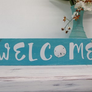 Welcome Wood Beach Sign with Sand Dollar, Coastal Sign