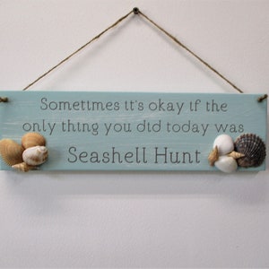 Seashell Hunt Wood Sign – Coastal Wall Decor with Real Shells – 3.5&quot; x 12&quot; Beach Sign – Ocean-Inspired Gift