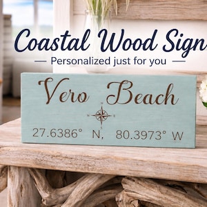 Coordinate Wood Sign - Coastal Compass Sign - Personalized Beach House Decor - Custom Latitude Longitude Sign - Nautical Wall Decor