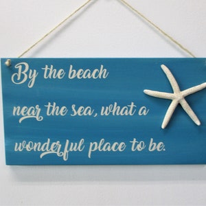 By the Beach Near the Sea Wood Sign – 6x12 Hand-Painted Coastal Decor – Real Starfish Accent – Beach House Wall Decor
