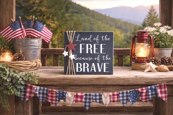 Patriotic Wood Sign– Land of the Free Because of the Brave-  Americana Decor – Fourth of July, Memorial Day, Veteran Gift, Patriotic Plaque