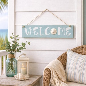 Placa de boas-vindas à praia - Decoração com dólar-da-areia - Decoração de parede costeira em madeira - Placa para casa de praia - Decoração náutica - Placa para entrada costeira