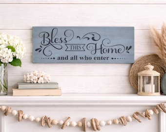 Bless This Home Sign - Coastal Farmhouse Wall Decor - Entryway Sign - Hand Painted Wood Sign -Housewarming Gift