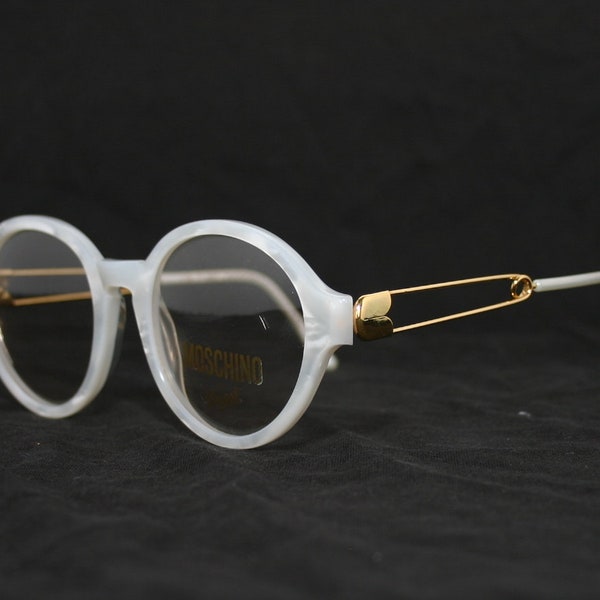 Persol Moschino Safety Clip Lunettes de marbre d’or Ivoire Off White 80's New Old Stock MO6 Frame Italie Taille 52-19-140 Ses lunettes Pour femmes
