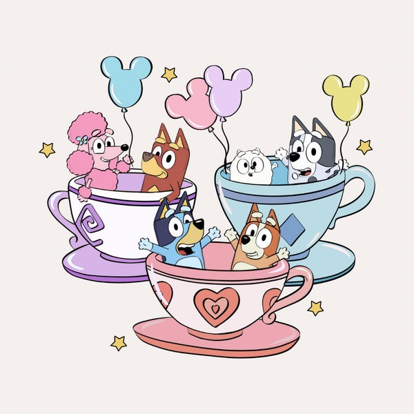 Blue Dog & Friends riding teacups - PNG