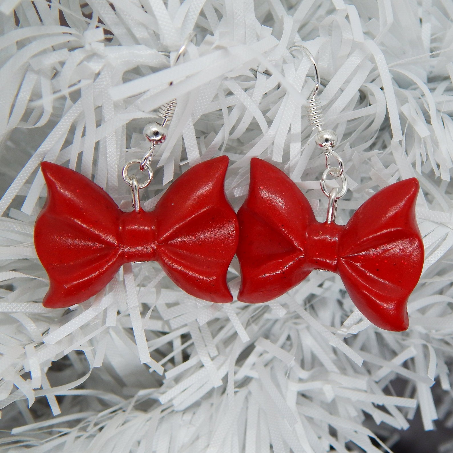 Red Bow Earrings Polymer Clay Earrings Dangle Bow Glitter Etsy