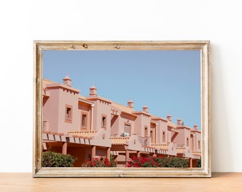 Pink flowers Print, Pink houses, town house, Algarve Portugal, Mediterranean, Retro European Art, Bedroom Apartment Decor, Aesthetic Room