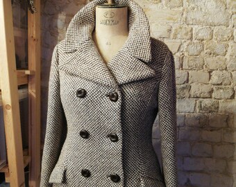 Size XS S Vintage Japanese Beige Coat Wool Japanese Checked 70/'s Coat