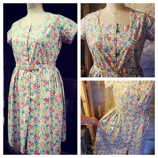 1940s Vintage Volup Floral Print Shirt Dress Size 16