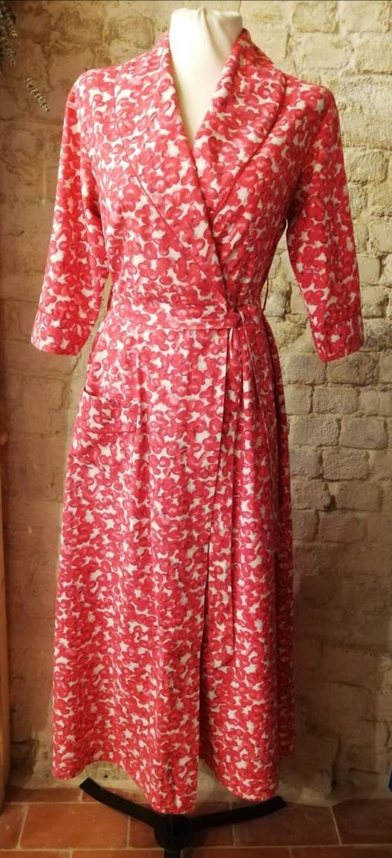 1950s Pink Floral Print Dressing Gown/Housecoat Si