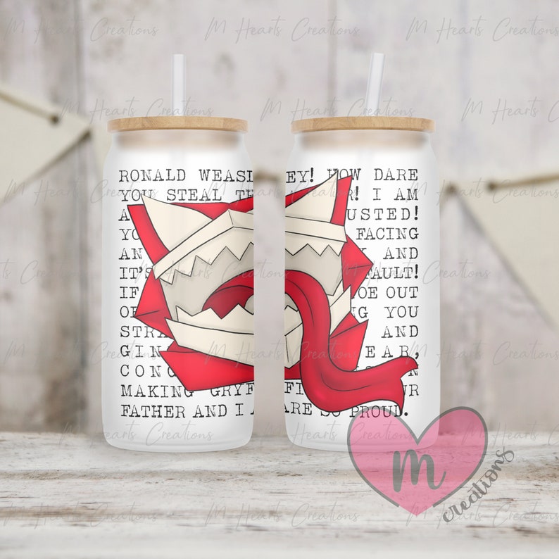 May include: Two white tumblers with a red and white illustration of a dragon with a tongue sticking out. The text on the tumblers reads "Ronald Weasly you steal the..." and "Ey! How dare...I am...usted! Facing...and...fault! Go out...you...and...ear, are so proud."